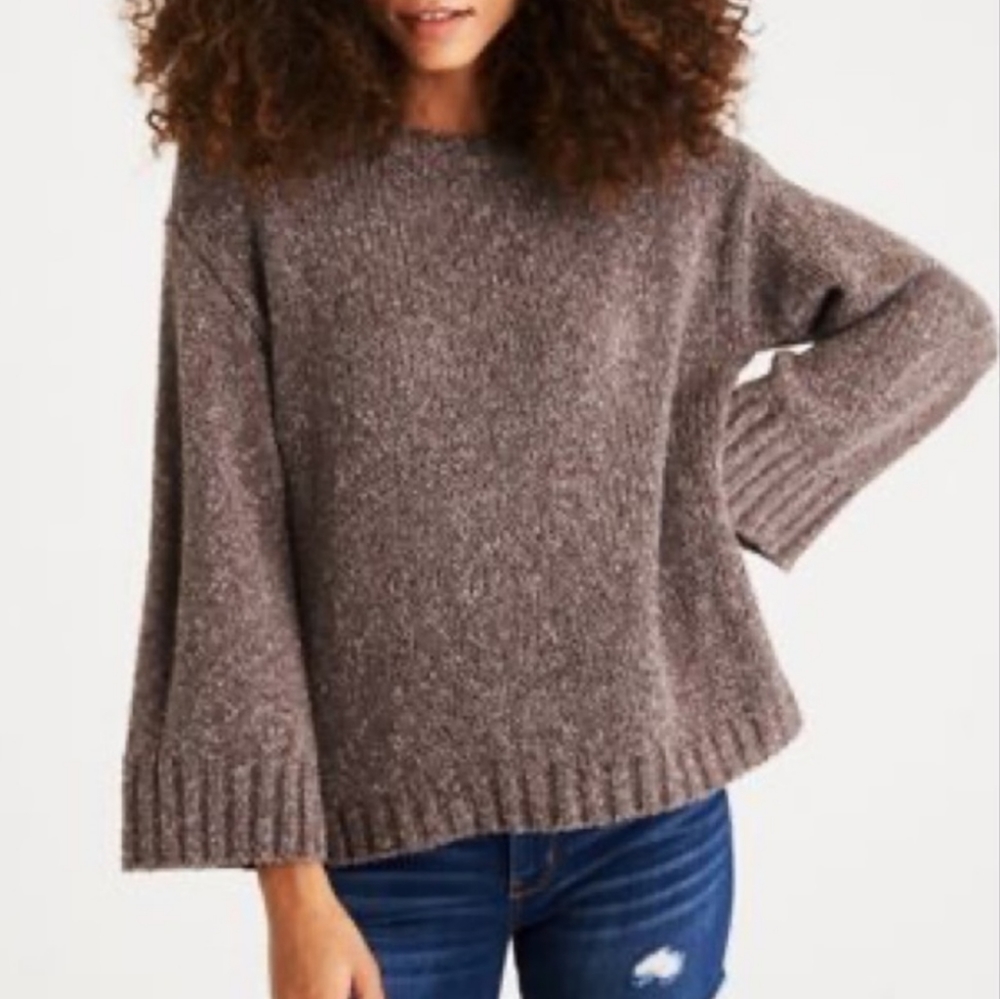 American Eagle Outfitters Crew Neck Sweater Zip Sides Split Cuff Marled Brown M